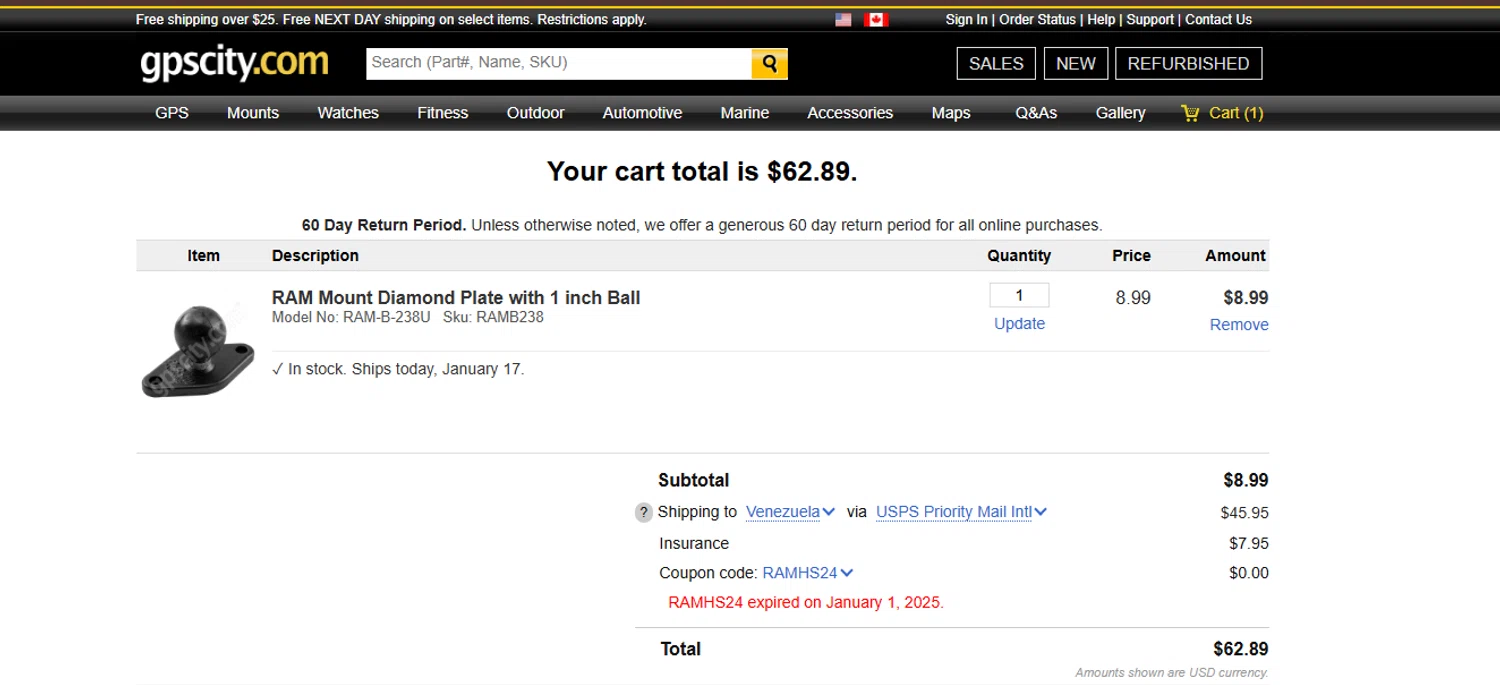 GPS City promo code screenshot showing code RAMHS24 applied at GPS City checkout page. Uploaded by SimplyCodes community member CashMonarch1137 on Jan 17, 2025
