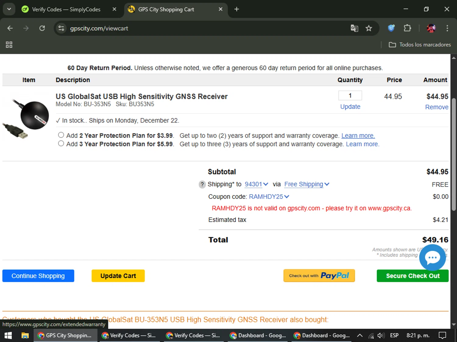 GPS City promo code screenshot showing code RAMHDY25 applied at GPS City checkout page. Uploaded by SimplyCodes community member SavingsEagle5772 on Dec 20, 2025