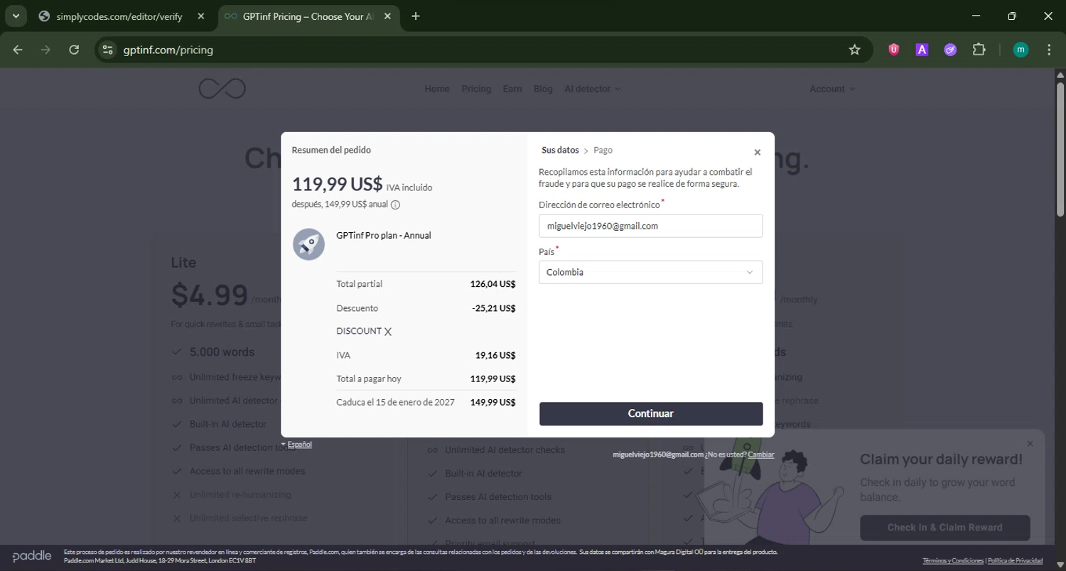 GPTinf promo code screenshot showing code DISCOUNT applied at GPTinf checkout page. Uploaded by SimplyCodes community member CrownSpotter4262 on Jan 15, 2026