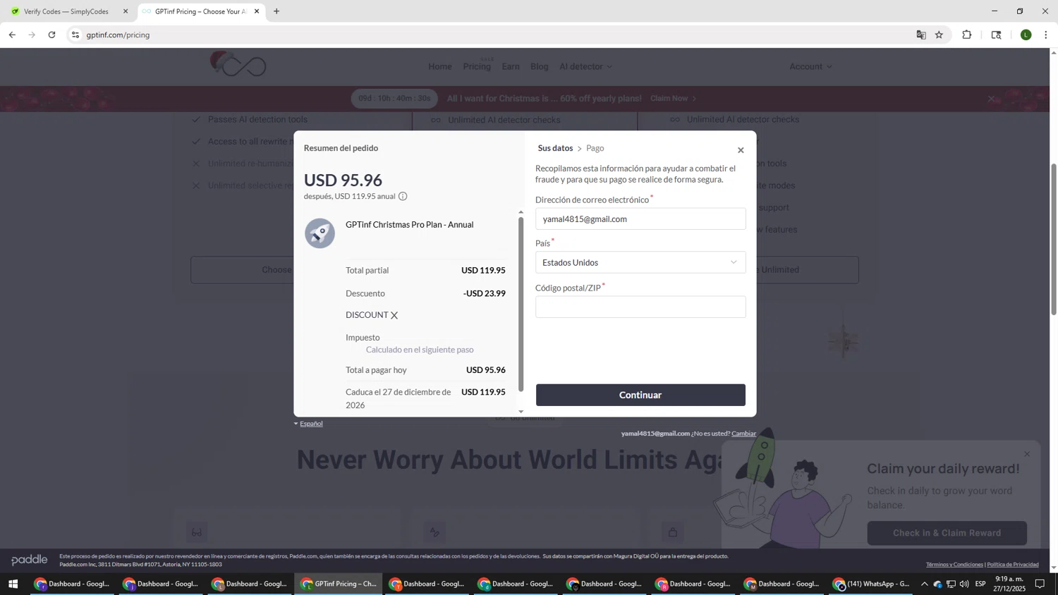 GPTinf promo code screenshot showing code DISCOUNT applied at GPTinf checkout page. Uploaded by SimplyCodes community member DUCATI on Dec 27, 2025