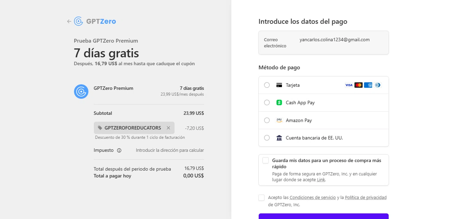 GPTZero promo code screenshot showing code GPTZEROFOREDUCATORS applied at GPTZero checkout page. Uploaded by SimplyCodes community member CashAce9852 on Jan 17, 2026