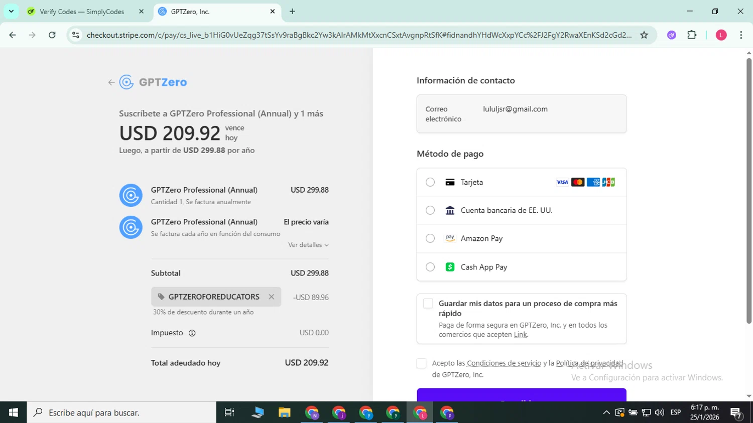 GPTZero checkout page showing GPTZero promo code box | Screenshot taken by SimplyCodes community member on Jan 25, 2026