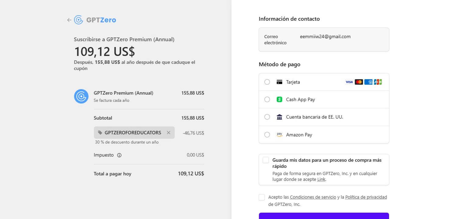 GPTZero promo code screenshot showing code GPTZEROFOREDUCATORS applied at GPTZero checkout page. Uploaded by SimplyCodes community member Yazuke_Tag on Nov 20, 2025