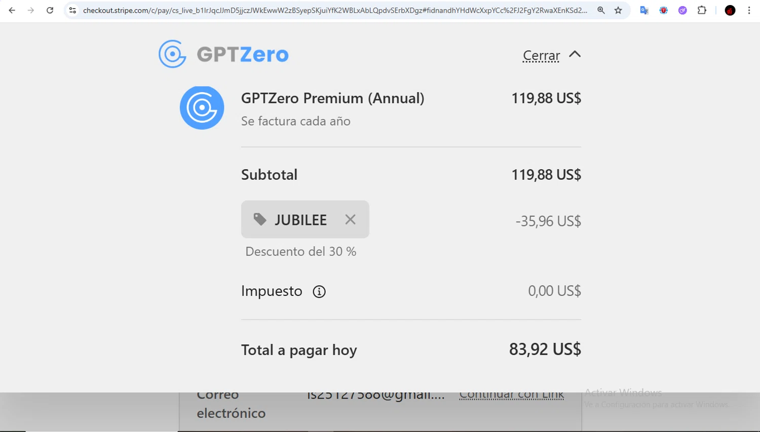 GPTZero promo code screenshot showing code JUBILEE applied at GPTZero checkout page. Uploaded by SimplyCodes community member Francisco01 on Dec 25, 2025