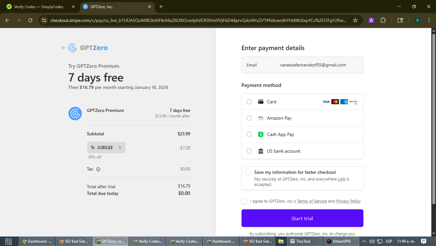GPTZero checkout page showing GPTZero promo code box | Screenshot taken by SimplyCodes community member on Jan 11, 2026
