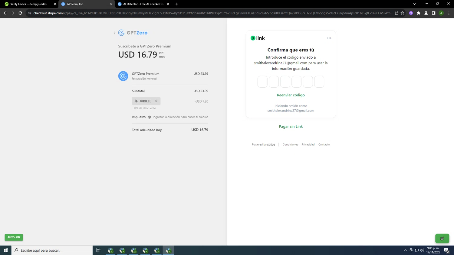 GPTZero promo code screenshot showing code JUBILEE applied at GPTZero checkout page. Uploaded by SimplyCodes community member 000000ooooooooooo on Nov 18, 2025