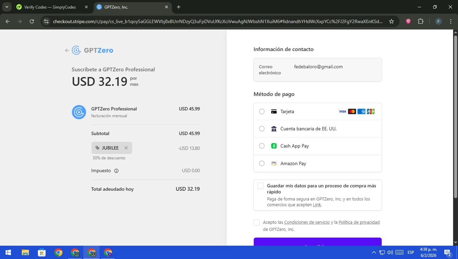 GPTZero checkout page showing GPTZero promo code box | Screenshot taken by SimplyCodes community member on Feb 6, 2026