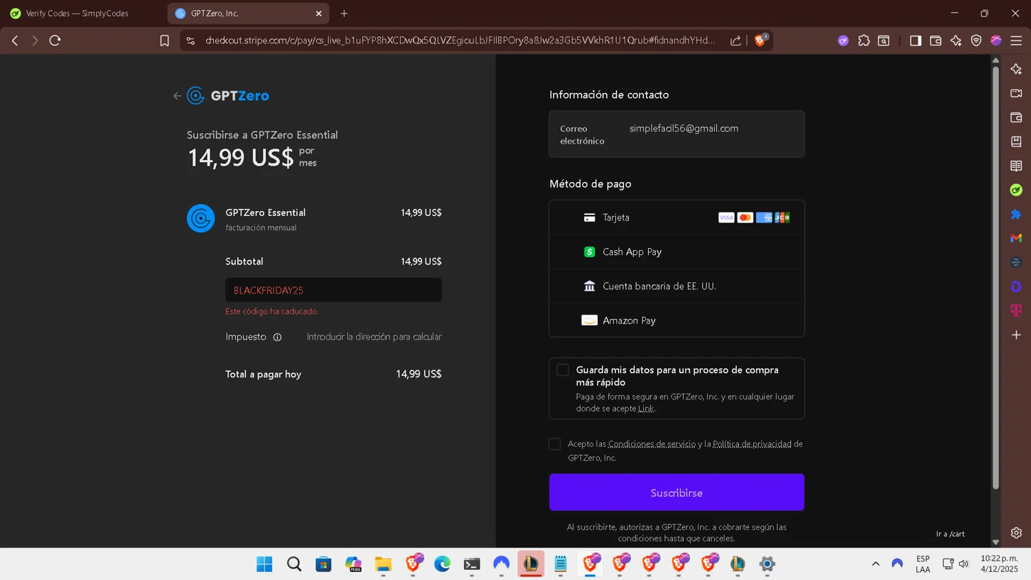 GPTZero promo code screenshot showing code BLACKFRIDAY25 applied at GPTZero checkout page. Uploaded by SimplyCodes community member BOLITAS on Dec 5, 2025