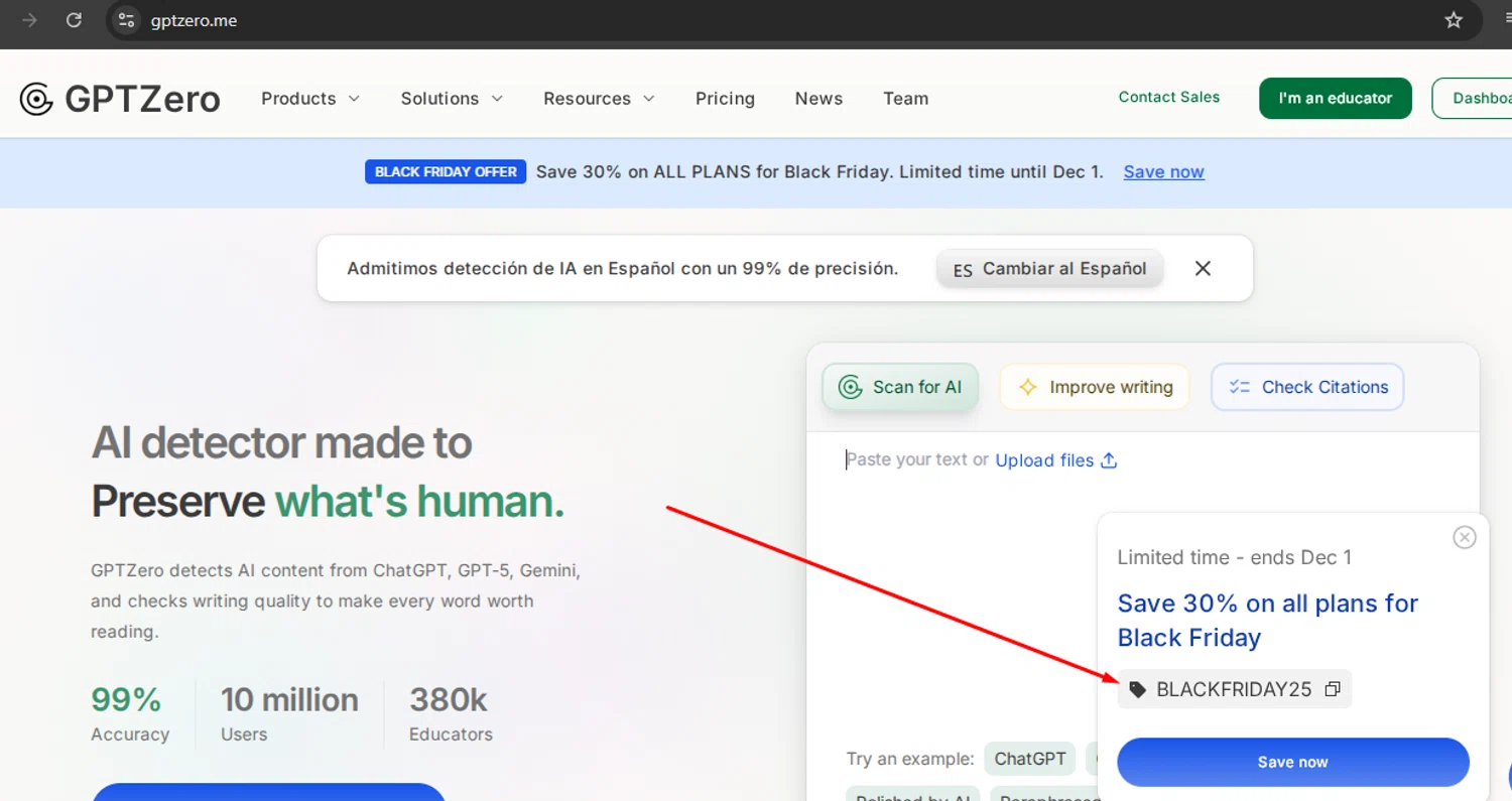 GPTZero promo code screenshot showing code BLACKFRIDAY25 applied at GPTZero checkout page. Uploaded by SimplyCodes community member argenygalvez on Nov 26, 2025