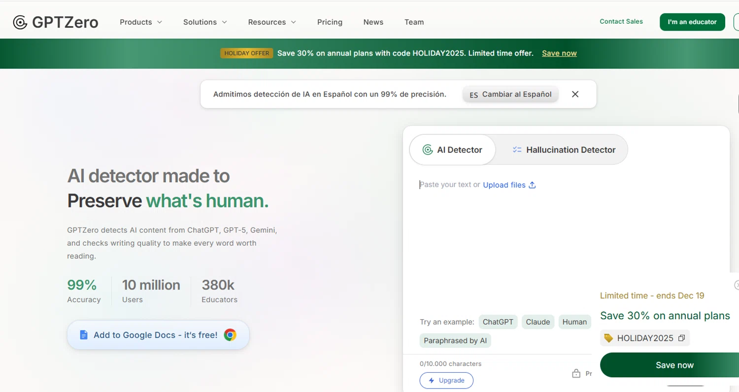 GPTZero promo code screenshot showing code HOLIDAY2025 applied at GPTZero checkout page. Uploaded by SimplyCodes community member ylenisjordan on Dec 13, 2025