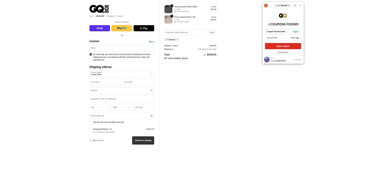 GQ Box promo code screenshot showing code THANKS applied at GQ Box checkout page. Uploaded by SimplyCodes community member Luis_Marin on Jun 2, 2026