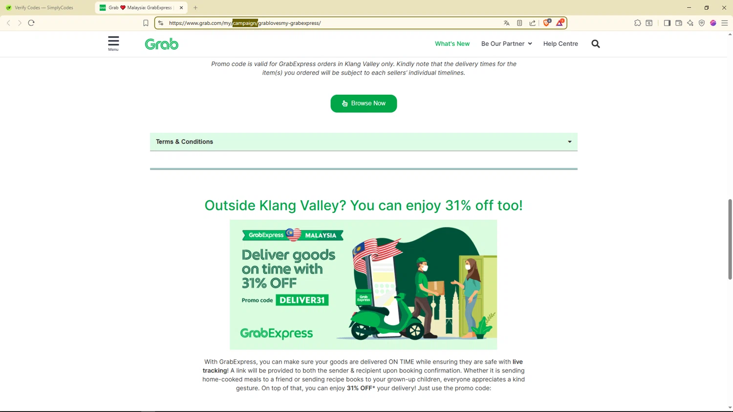 Grab promo code screenshot showing code DELIVER31 applied at Grab checkout page. Uploaded by SimplyCodes community member Livingston on Jan 4, 2026