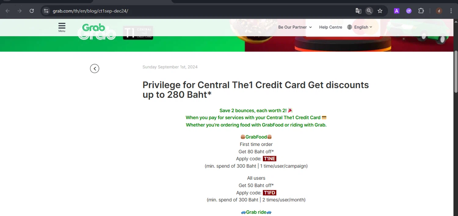 Grab promo code screenshot showing code T1NE applied at Grab checkout page. Uploaded by SimplyCodes community member VoucherSpotter9376 on Nov 28, 2025