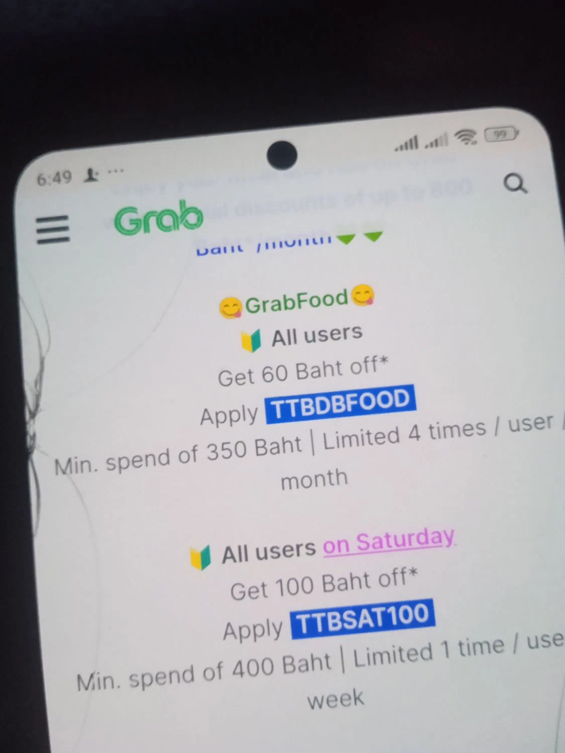 Grab promo code screenshot showing code TTBDBFOOD applied at Grab checkout page. Uploaded by SimplyCodes community member PromoMaven605 on Mar 14, 2025