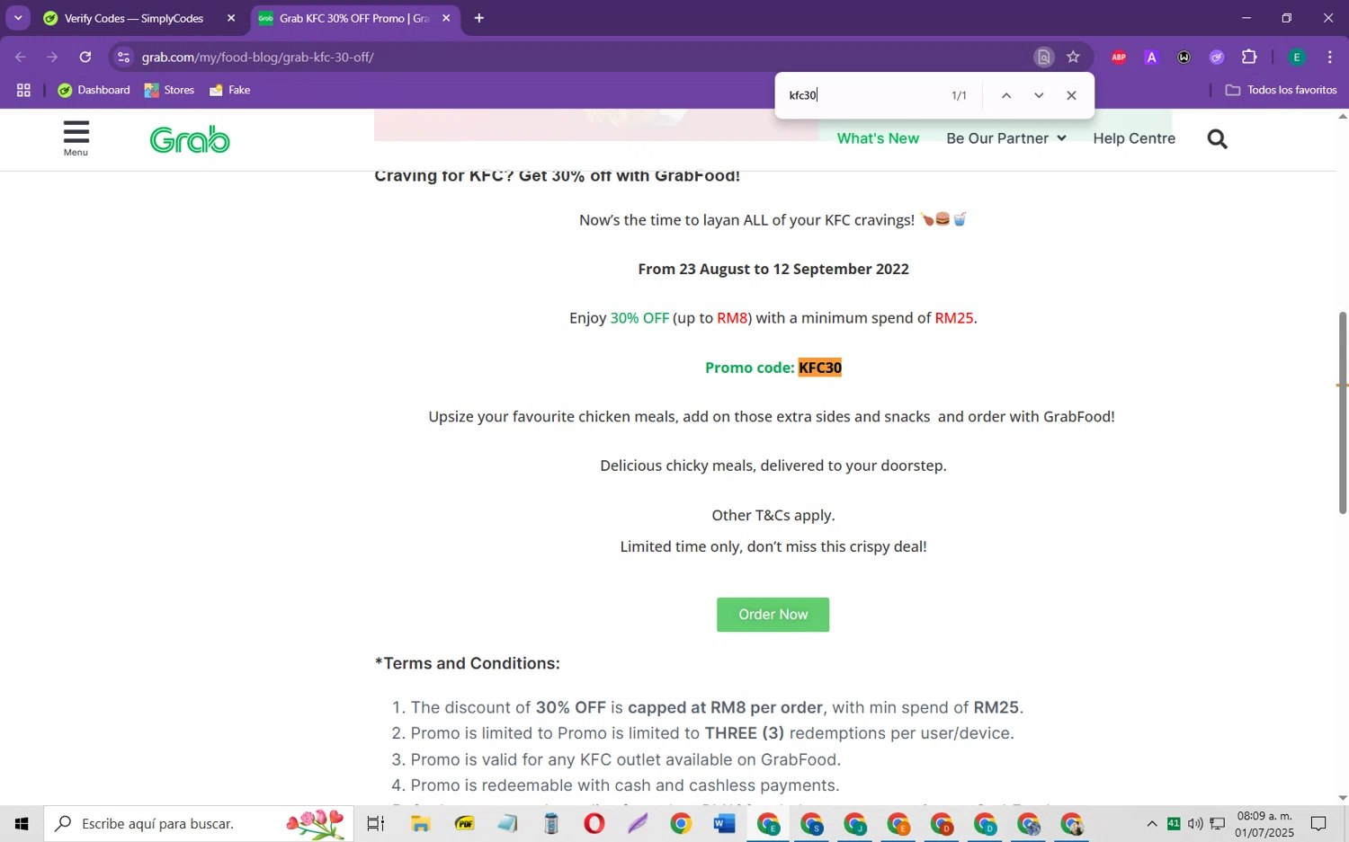 Grab promo code screenshot showing code kfc30 applied at Grab checkout page. Uploaded by SimplyCodes community member RebateScholar429 on Jul 1, 2025