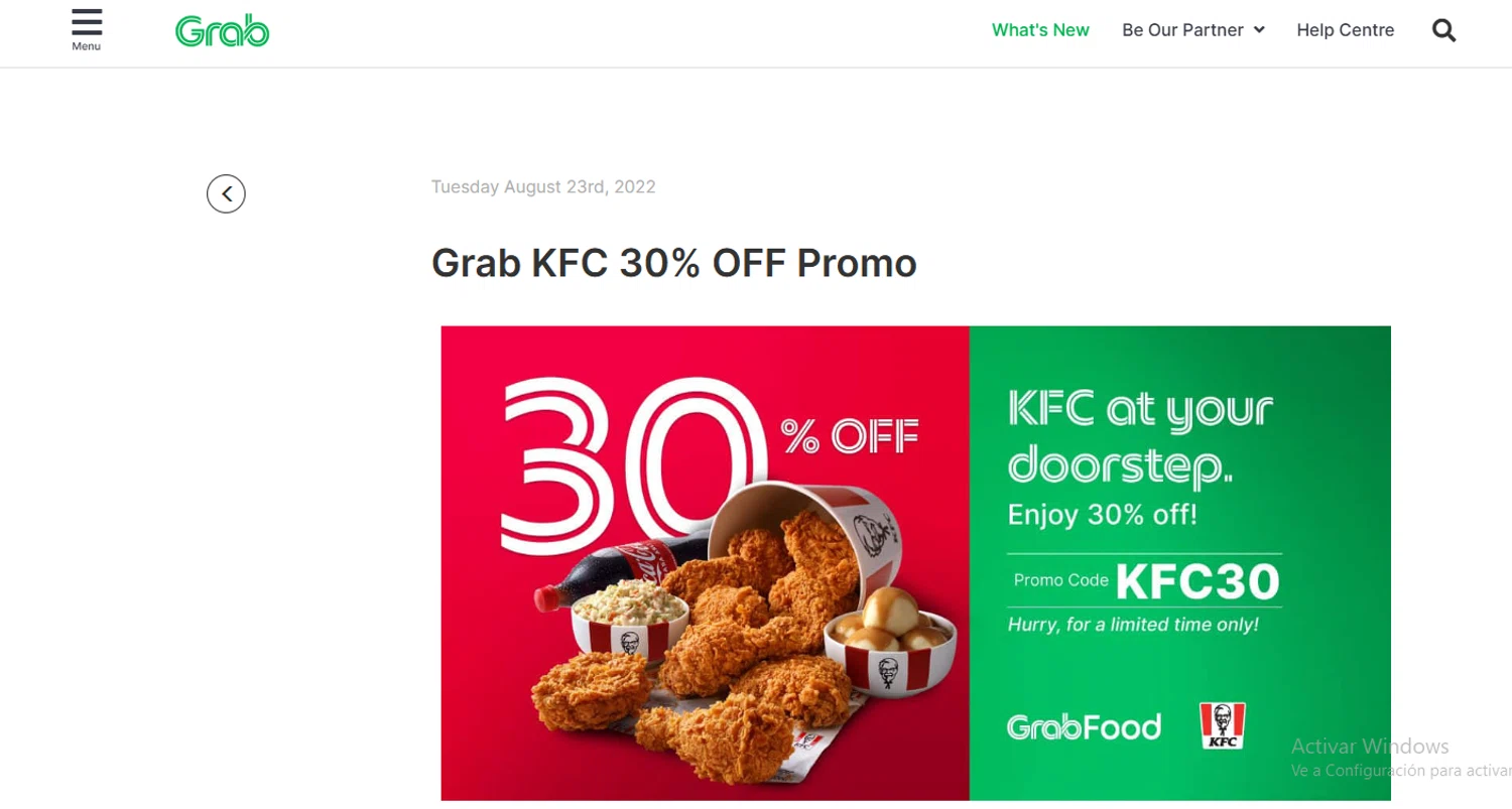 Grab promo code screenshot showing code kfc30 applied at Grab checkout page. Uploaded by SimplyCodes community member Gaby04 on Jul 1, 2025