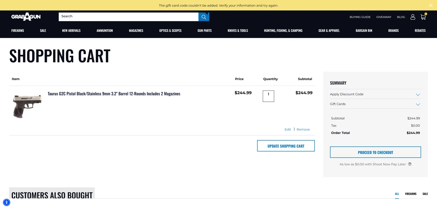 Grab A Gun discount code screenshot showing code GAGSHIPOFF22 applied at Grab A Gun checkout page. Uploaded by SimplyCodes community member Baltichiguy on Feb 16, 2025
