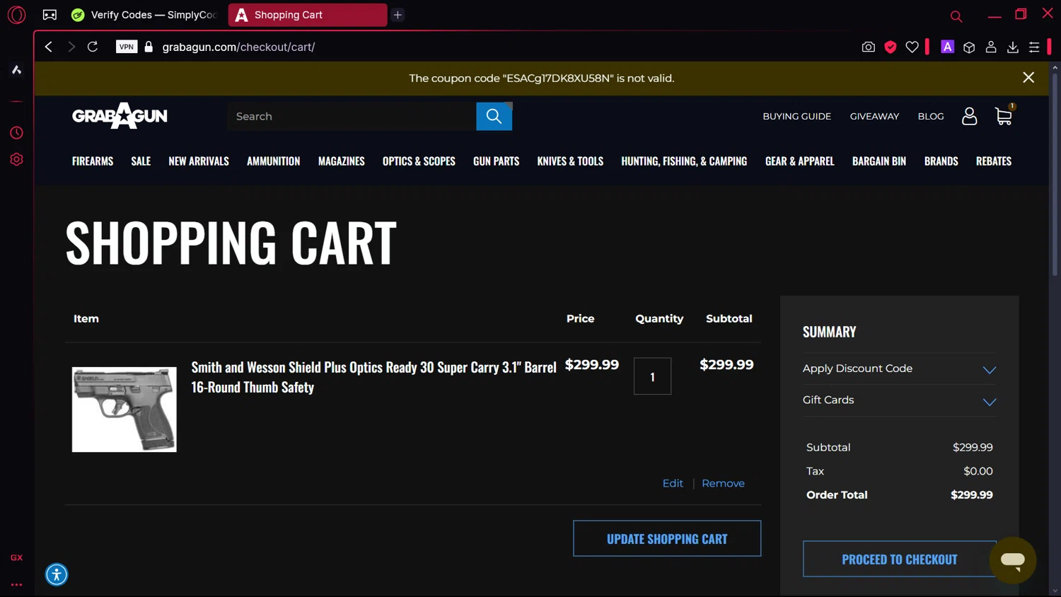 Grab A Gun discount code screenshot showing code ESACg17DK8XU58N applied at Grab A Gun checkout page. Uploaded by SimplyCodes community member comidaparallevar on Feb 27, 2025