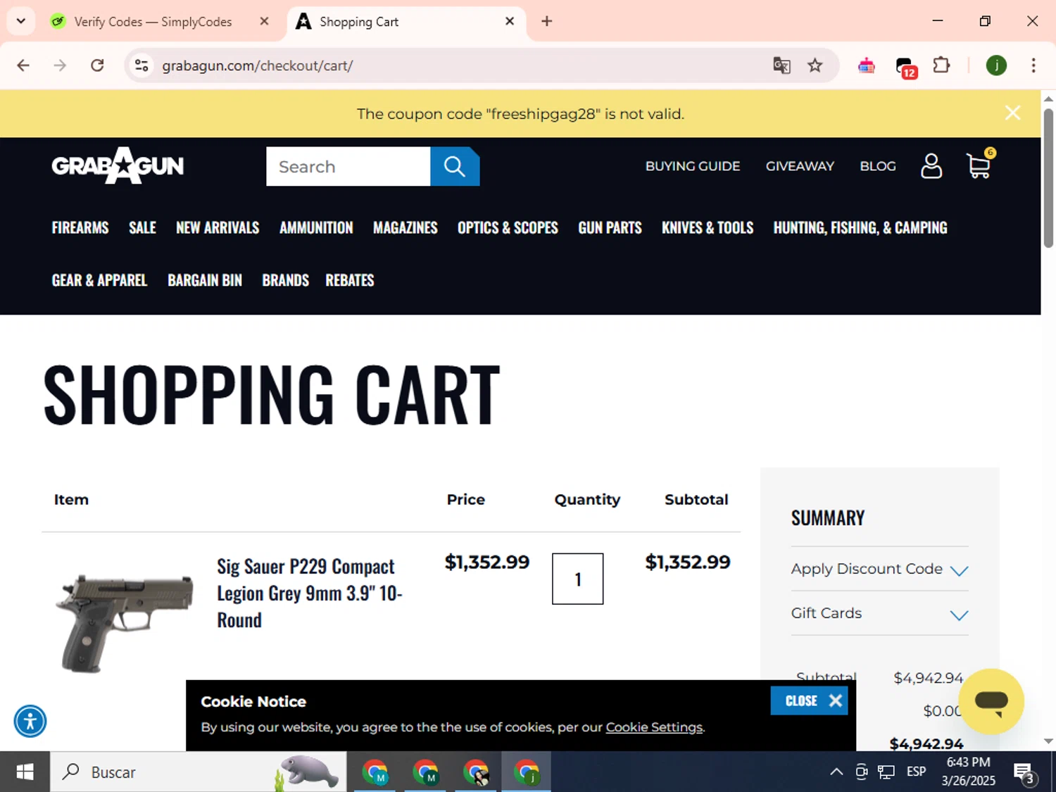 Grab A Gun discount code screenshot showing code freeshipgag28 applied at Grab A Gun checkout page. Uploaded by SimplyCodes community member SavingsCollector2592 on Mar 26, 2025