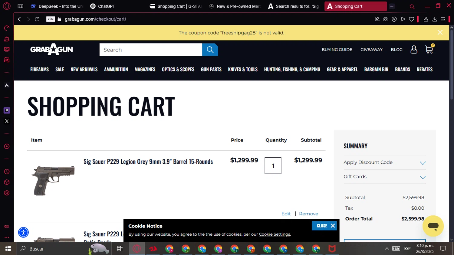 Grab A Gun discount code screenshot showing code freeshipgag28 applied at Grab A Gun checkout page. Uploaded by SimplyCodes community member SavingsFalcon3521 on Mar 27, 2025