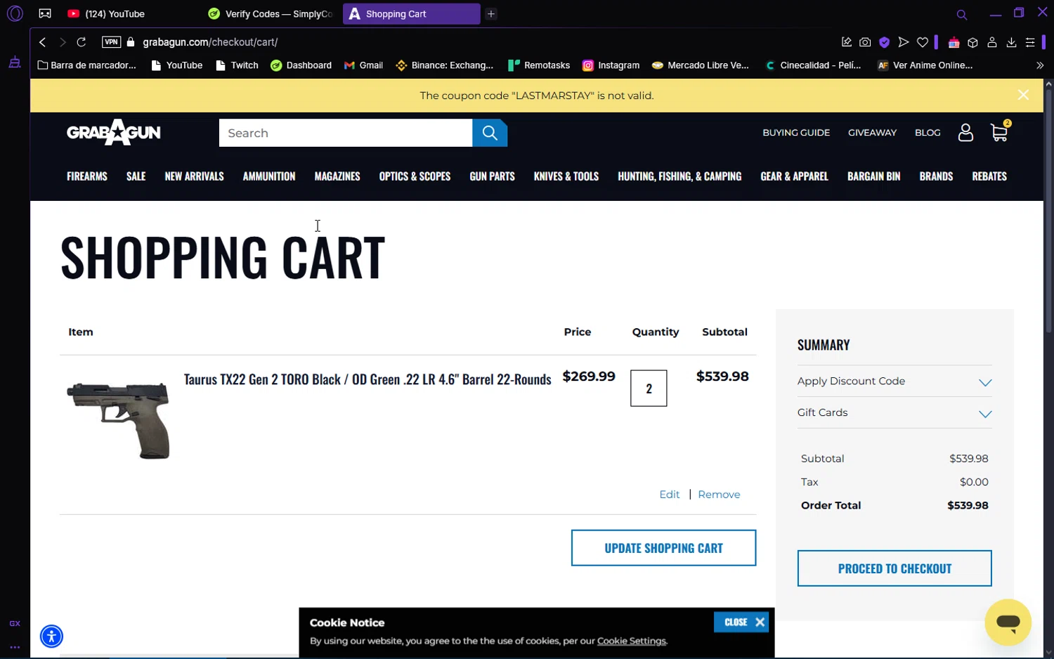 Grab A Gun discount code screenshot showing code 44FREEFREIGHT applied at Grab A Gun checkout page. Uploaded by SimplyCodes community member VoucherAce8469 on Mar 28, 2025