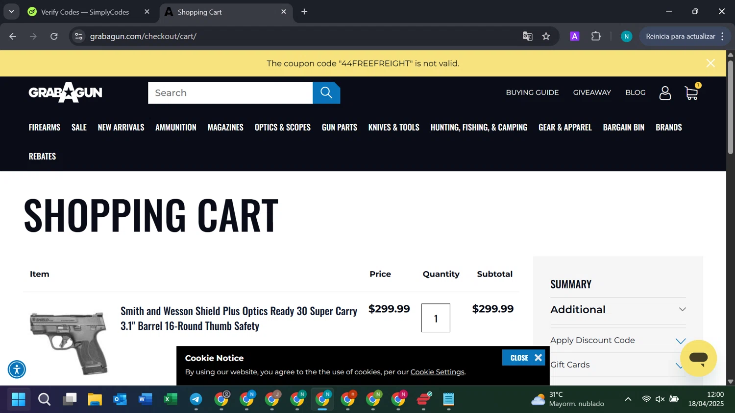 Grab A Gun discount code screenshot showing code 44FREEFREIGHT applied at Grab A Gun checkout page. Uploaded by SimplyCodes community member DiscountGenius5394 on Apr 18, 2025