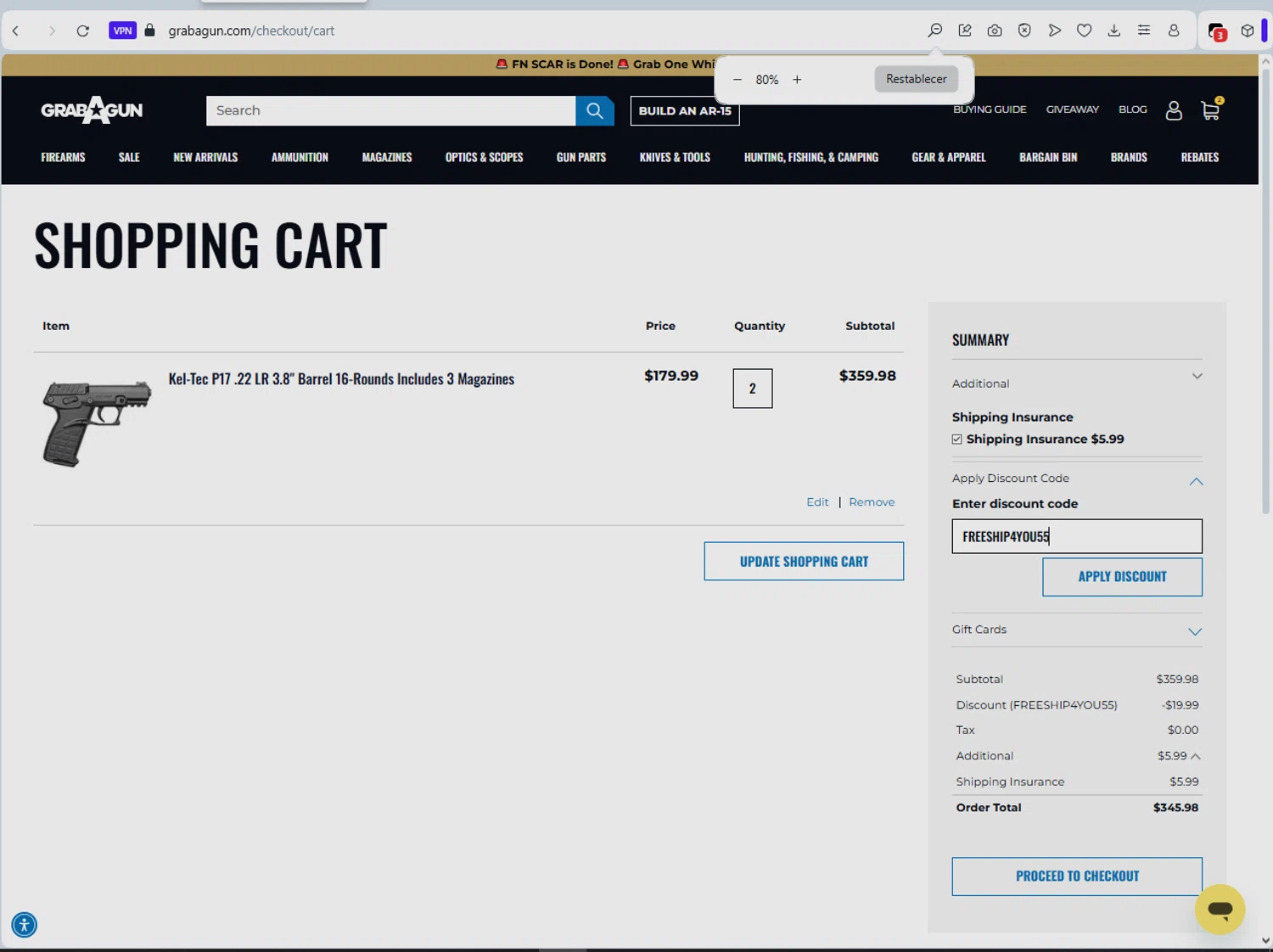 Grab A Gun discount code screenshot showing code FREESHIP4YOU55 applied at Grab A Gun checkout page. Uploaded by SimplyCodes community member CleverFox1674 on Nov 12, 2025