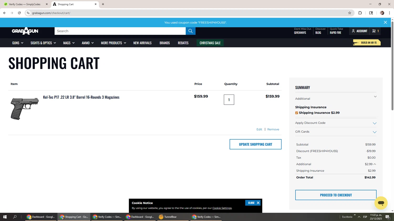 Grab A Gun discount code screenshot showing code FREESHIP4YOU55 applied at Grab A Gun checkout page. Uploaded by SimplyCodes community member Levi_Ackerman on Dec 24, 2025