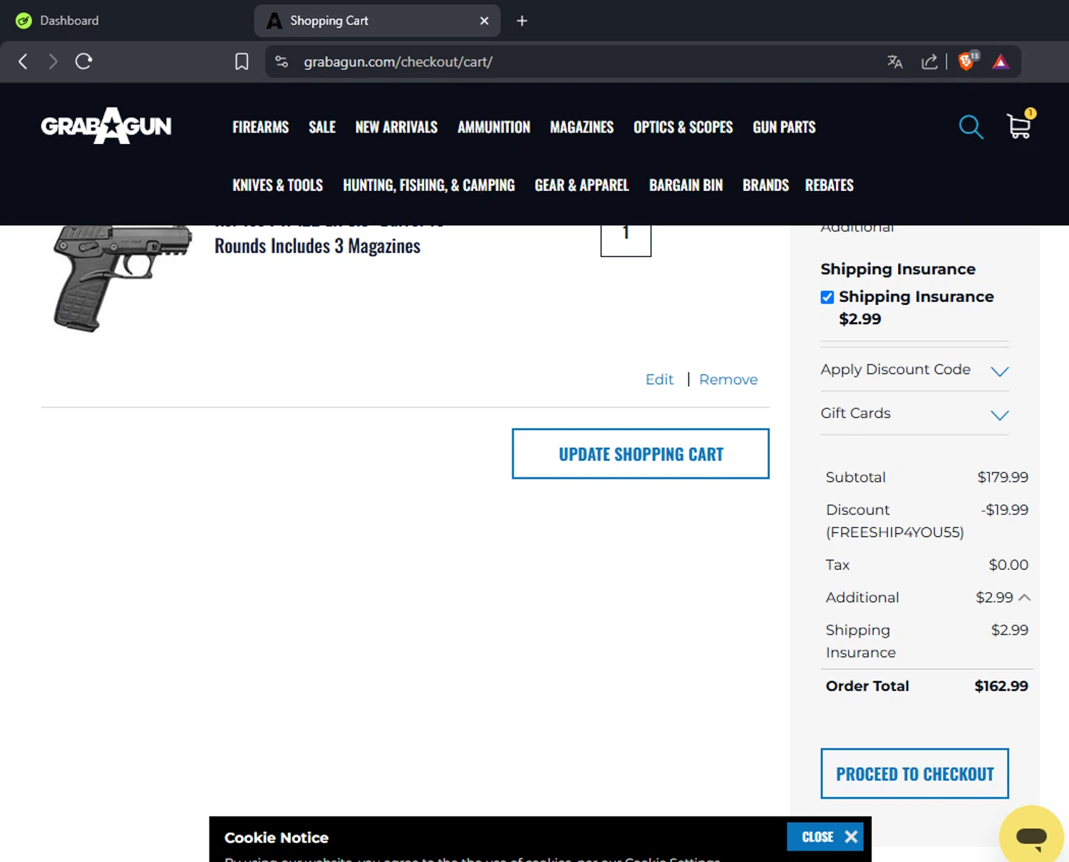 Grab A Gun discount code screenshot showing code FREESHIP4YOU55 applied at Grab A Gun checkout page. Uploaded by SimplyCodes community member pinpon on Oct 24, 2025