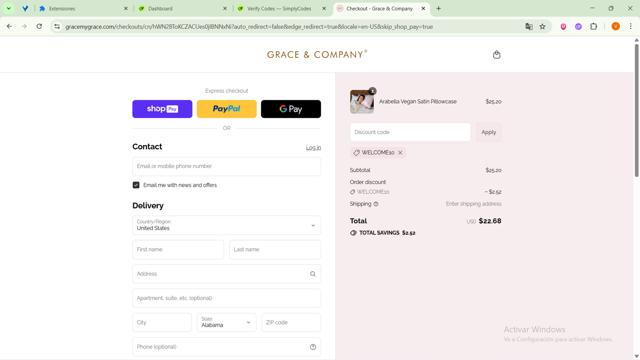 Grace & Company checkout page showing Grace & Company promo code box | Screenshot taken by SimplyCodes community member on Aug 24, 2025