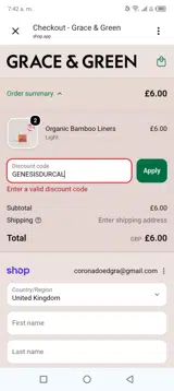 Grace & Green coupon verification screenshot