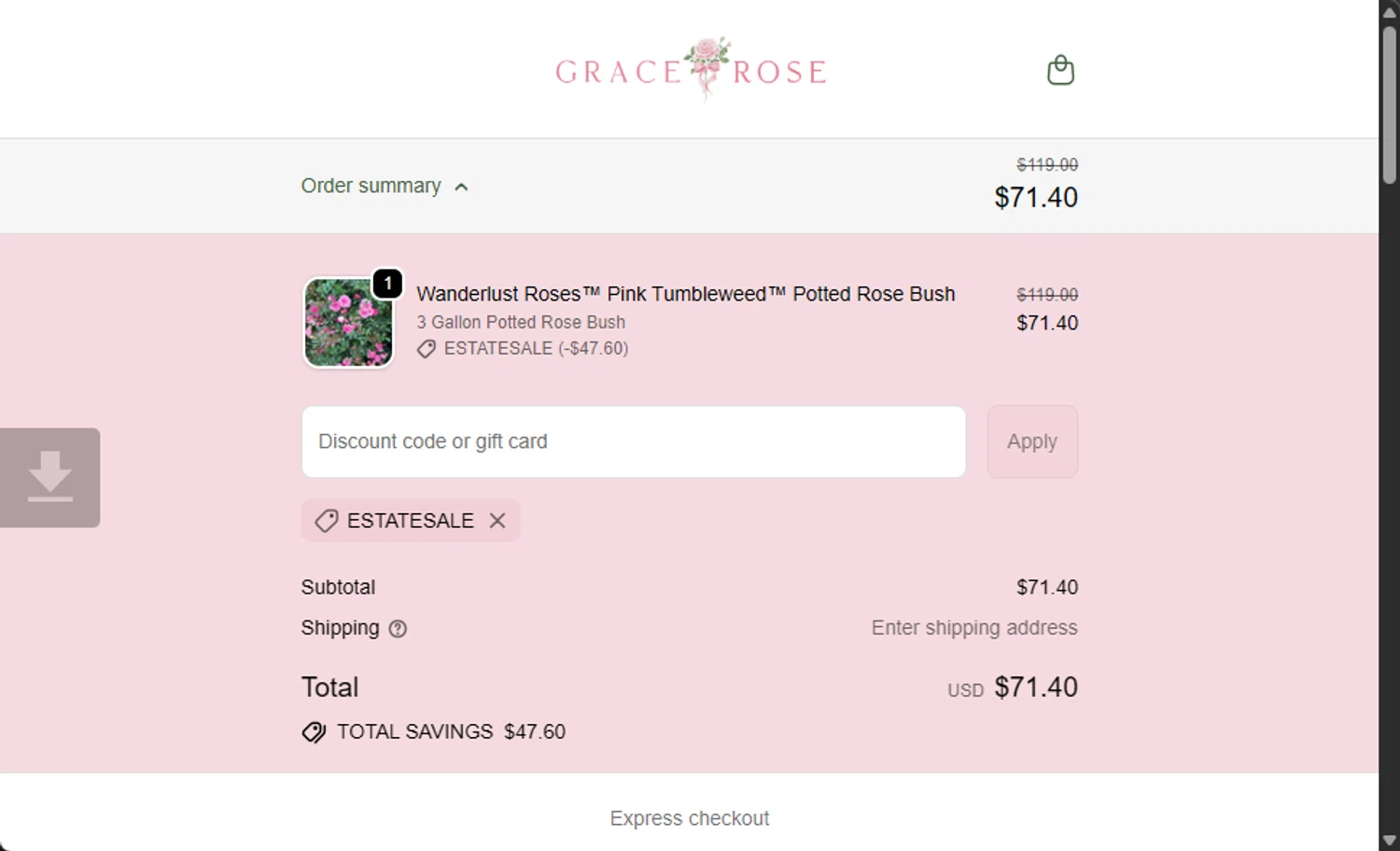 Grace Rose Farm discount code screenshot showing code ESTATESALE applied at Grace Rose Farm checkout page. Uploaded by SimplyCodes community member 111111 on Nov 24, 2025