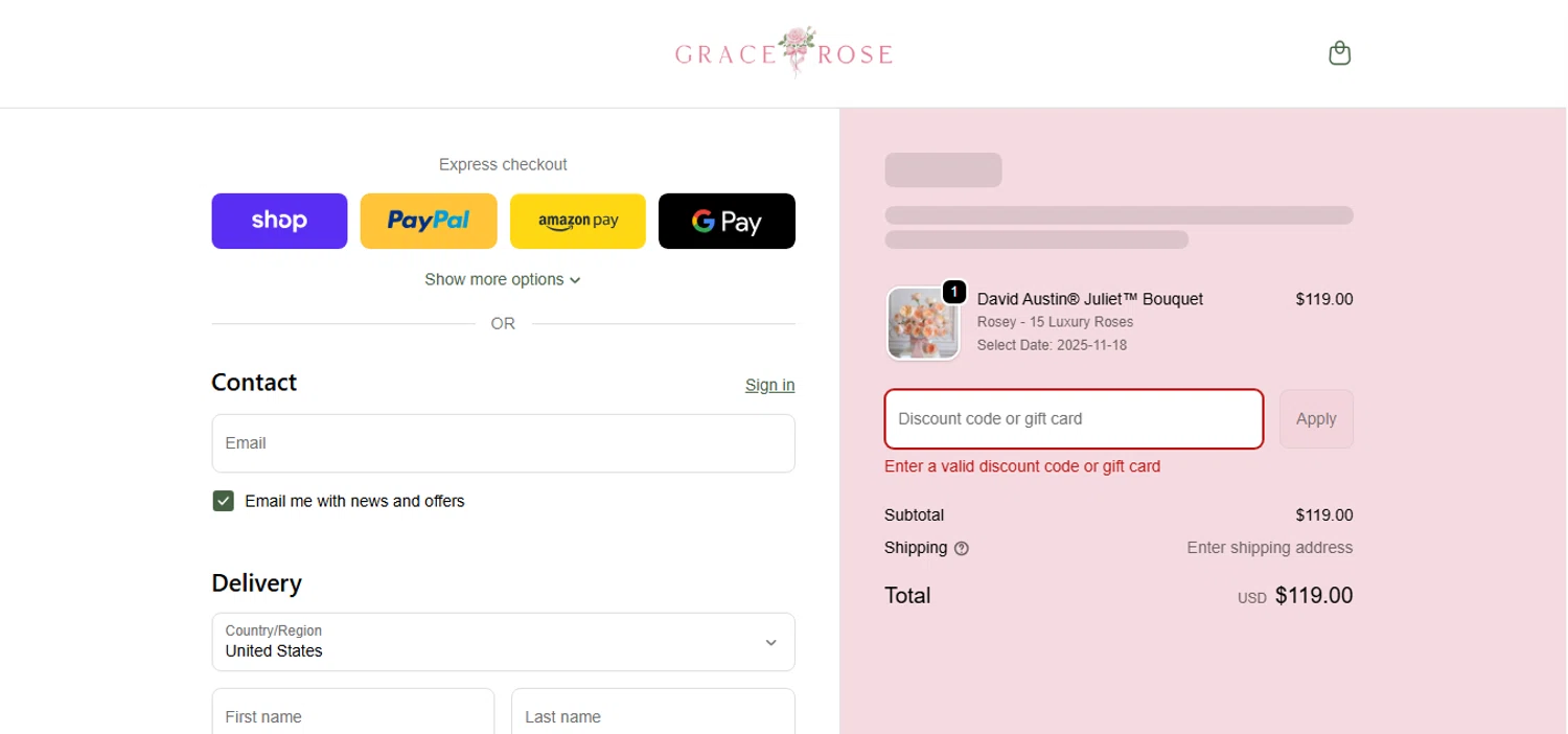 Grace Rose Farm discount code screenshot showing code FRIENDSHIP applied at Grace Rose Farm checkout page. Uploaded by SimplyCodes community member MoneyHunter5624 on Nov 15, 2025