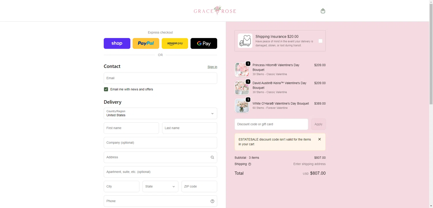 Grace Rose Farm checkout page showing Grace Rose Farm discount code box | Screenshot taken by SimplyCodes community member on Feb 13, 2026