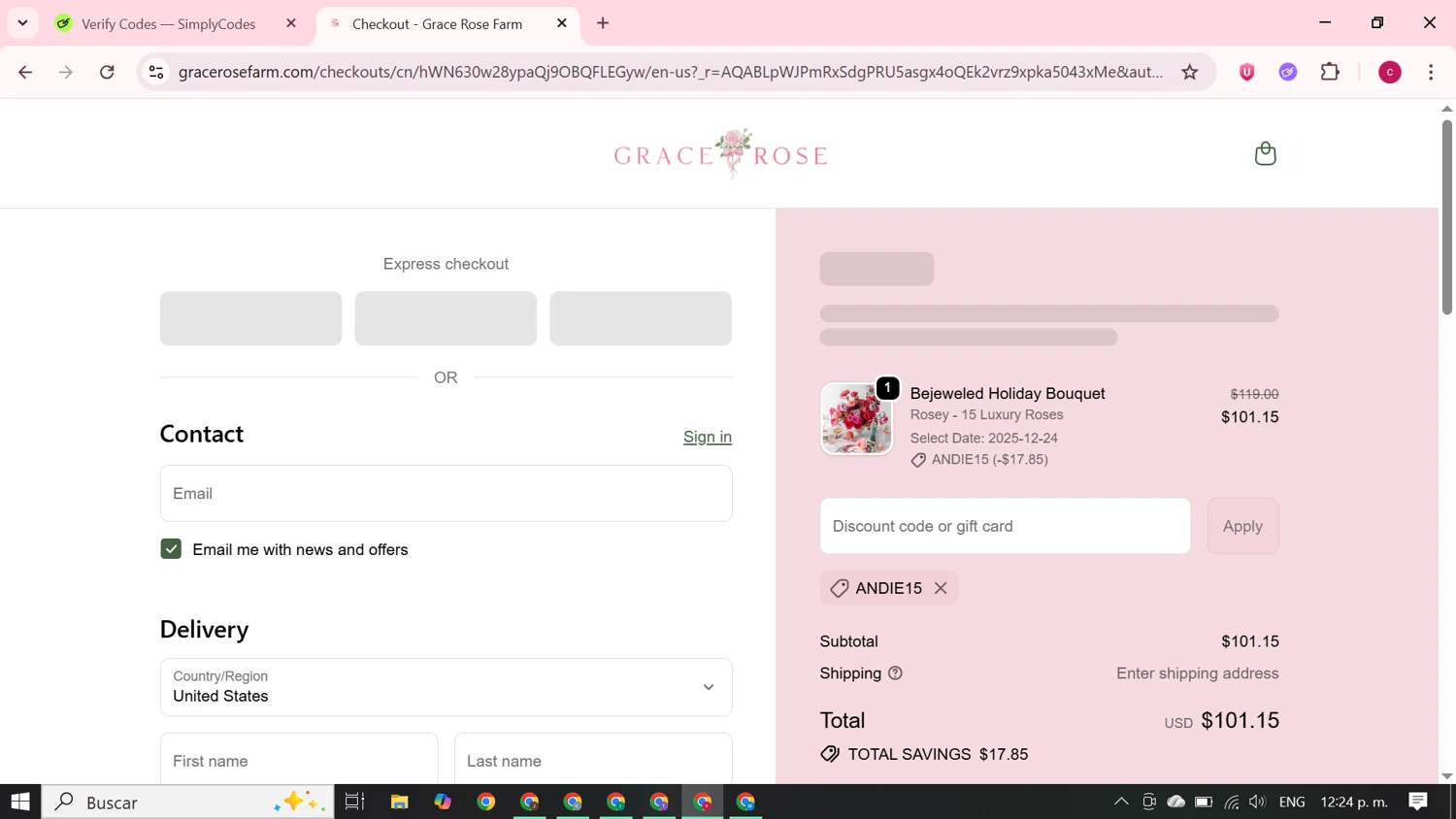Grace Rose Farm discount code screenshot showing code ANDIE15 applied at Grace Rose Farm checkout page. Uploaded by SimplyCodes community member RewardElite5744 on Dec 4, 2025