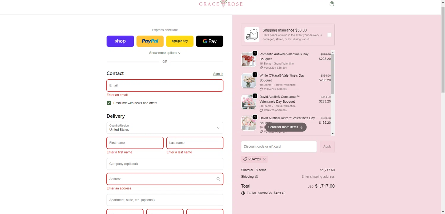 Grace Rose Farm promo code screenshot showing code vday20 applied at Grace Rose Farm checkout page. Uploaded by SimplyCodes community member CrownWhiz8114 on Jan 29, 2026