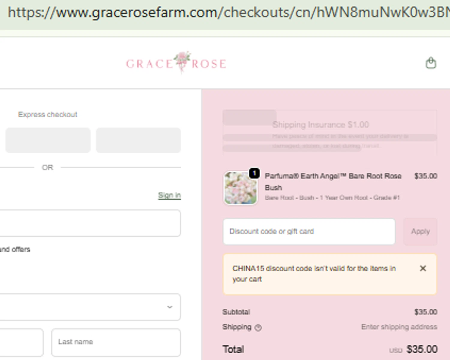 Grace Rose Farm promo code screenshot showing code CHINA15 applied at Grace Rose Farm checkout page. Uploaded by SimplyCodes community member RewardFinder4836 on Feb 14, 2026