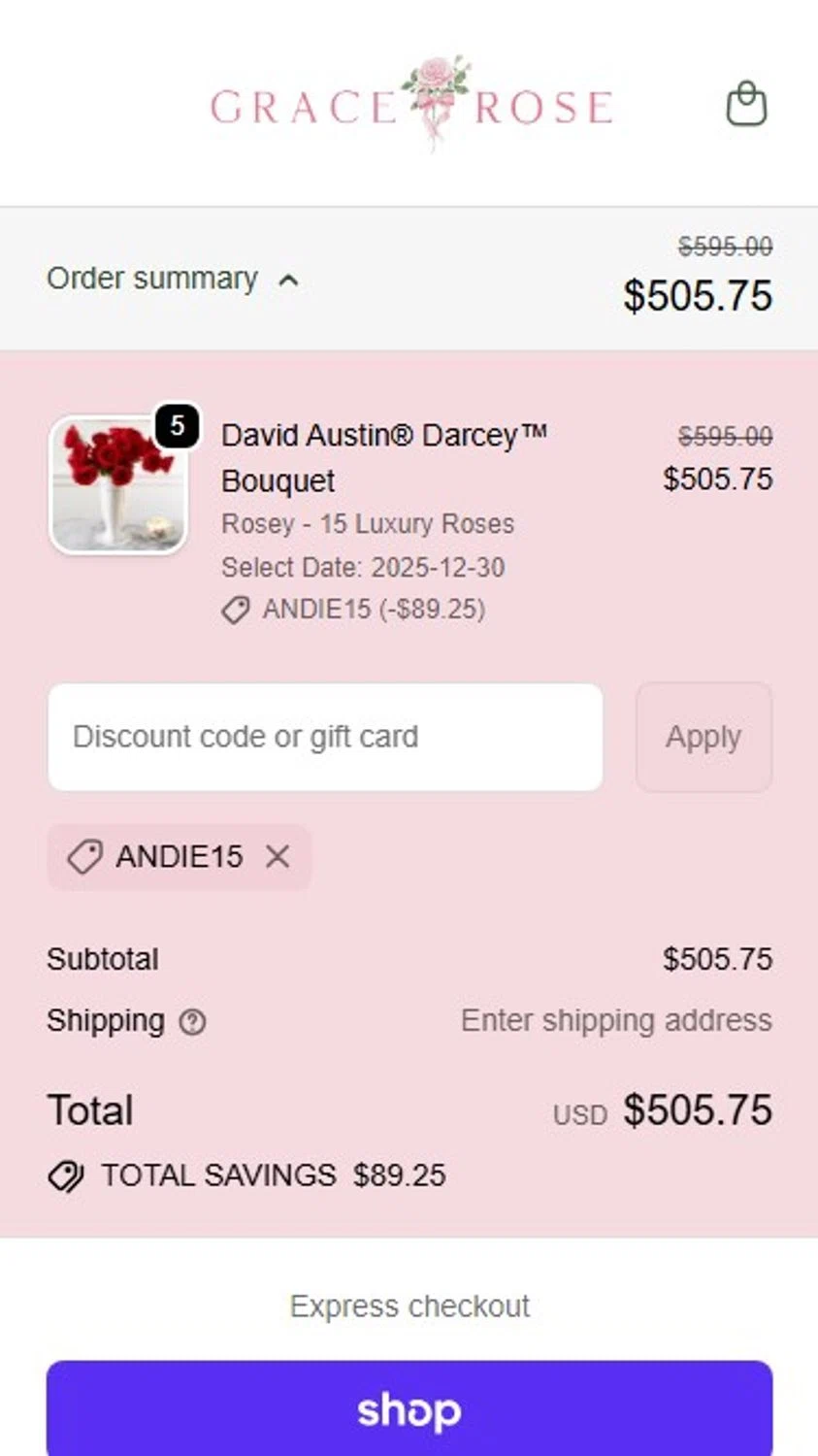 Grace Rose Farm discount code screenshot showing code ANDIE15 applied at Grace Rose Farm checkout page. Uploaded by SimplyCodes community member RonaldoM32 on Dec 4, 2025