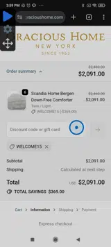 WELCOME15 coupon verification screenshot