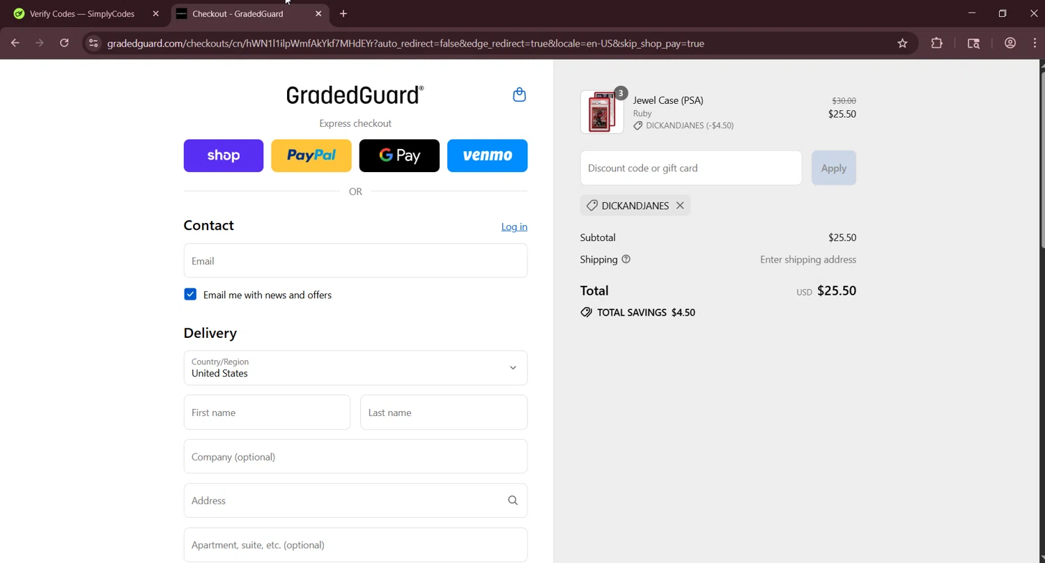 GradedGuard discount code screenshot showing code DICKANDJANES applied at GradedGuard checkout page. Uploaded by SimplyCodes community member LuckyNavigator1490 on Aug 31, 2025