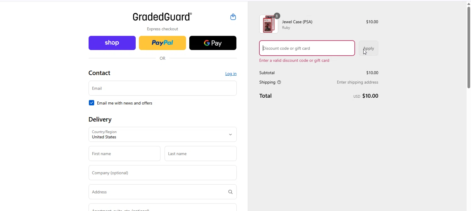 GradedGuard discount code screenshot showing code KAC10 applied at GradedGuard checkout page. Uploaded by SimplyCodes community member Franklincodes on Sep 8, 2025