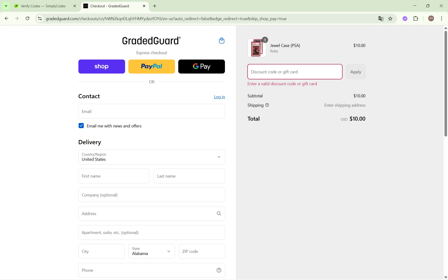GradedGuard discount code screenshot showing code KAC10 applied at GradedGuard checkout page. Uploaded by SimplyCodes community member Yuyu12 on Sep 8, 2025