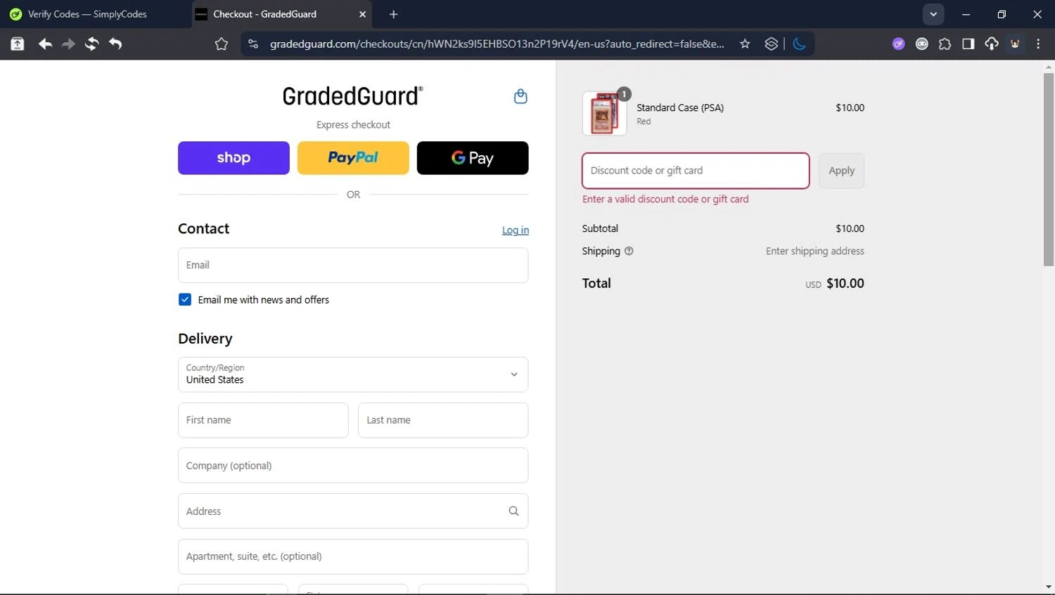 GradedGuard discount code screenshot showing code REDORBLUE applied at GradedGuard checkout page. Uploaded by SimplyCodes community member LegendaryCollector6259 on Sep 8, 2025