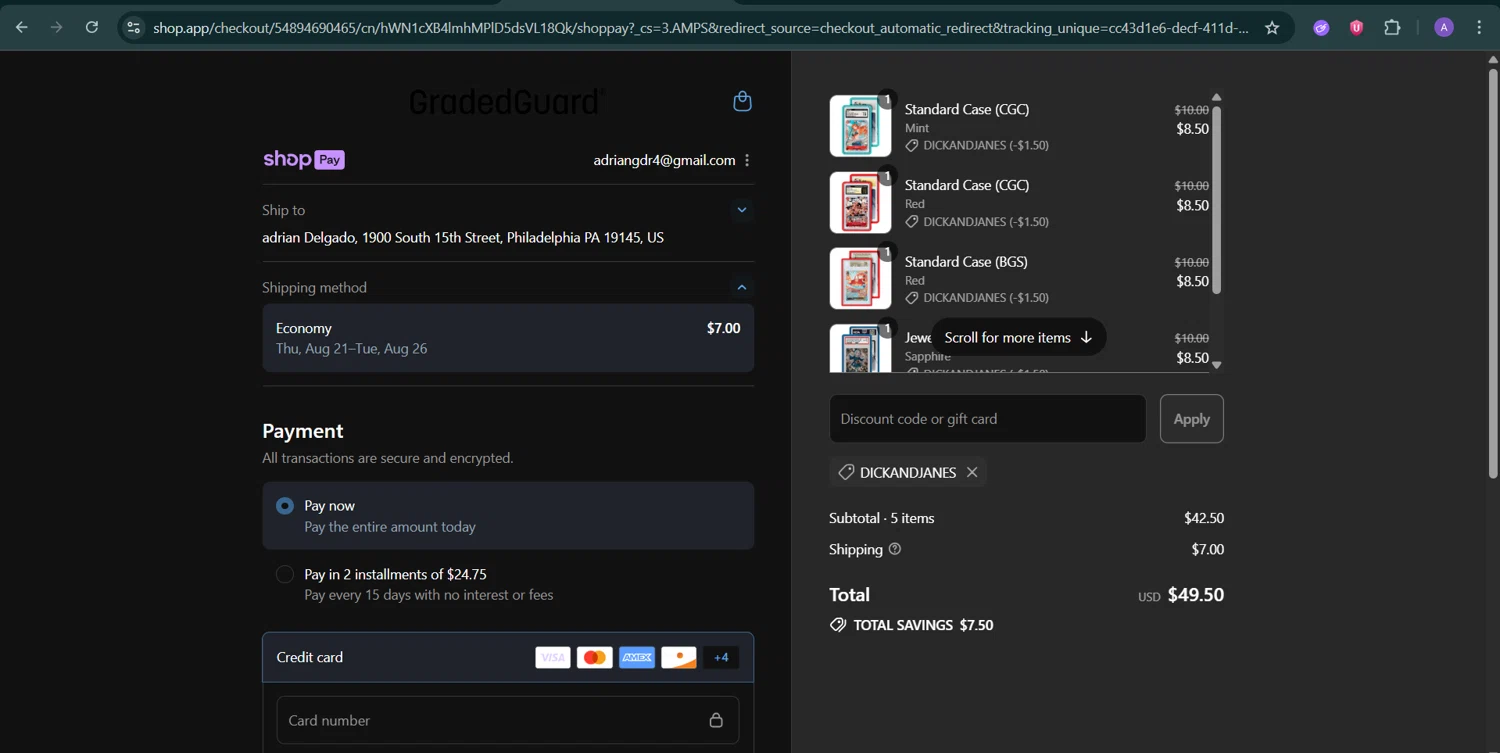GradedGuard discount code screenshot showing code DICKANDJANES applied at GradedGuard checkout page. Uploaded by SimplyCodes community member AGDR28 on Aug 11, 2025