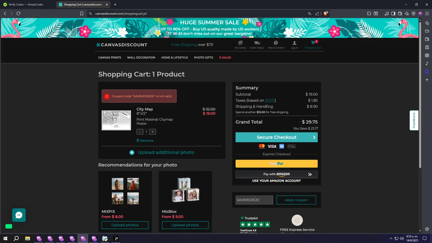 Grafomap coupon code screenshot showing code SAVEMORE20 applied at Grafomap checkout page. Uploaded by SimplyCodes community member wwwwwwwwwwwwwwwwwww on Aug 14, 2025