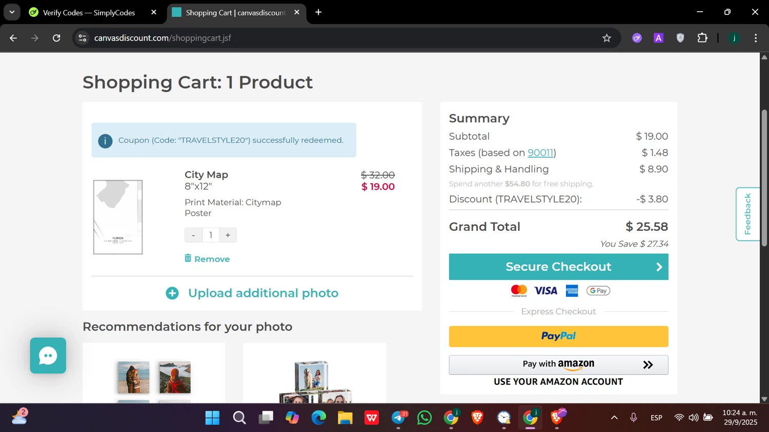 Grafomap coupon code screenshot showing code TRAVELSTYLE20 applied at Grafomap checkout page. Uploaded by SimplyCodes community member hanzell2 on Sep 29, 2025