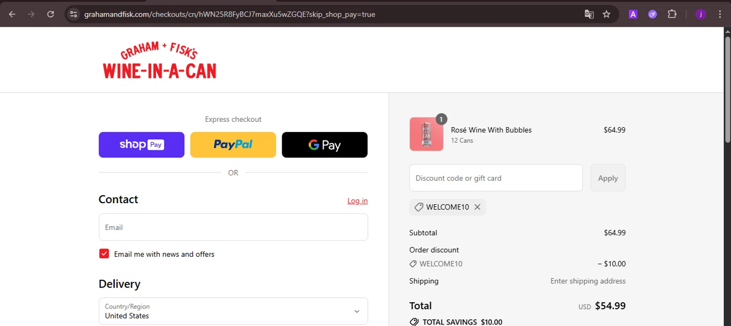 Graham + Fisk's promo code screenshot showing code WELCOME10 applied at Graham + Fisk's checkout page. Uploaded by SimplyCodes community member CoinMaverick1452 on Aug 22, 2025