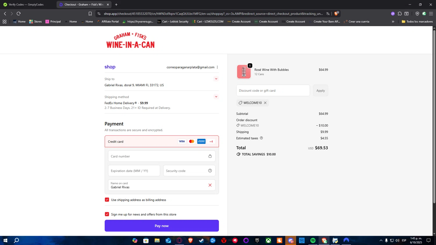 Graham + Fisk's promo code screenshot showing code WELCOME10 applied at Graham + Fisk's checkout page. Uploaded by SimplyCodes community member Nulo0000 on Oct 6, 2025