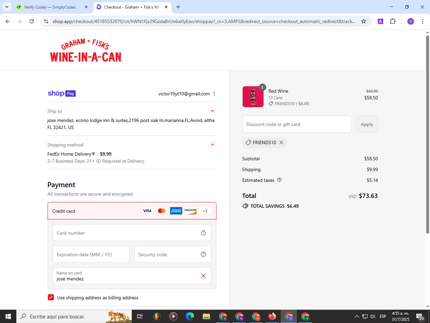 Graham + Fisk's promo code screenshot showing code FRIENDS10 applied at Graham + Fisk's checkout page. Uploaded by SimplyCodes community member Satoru_gojo on Jul 31, 2025