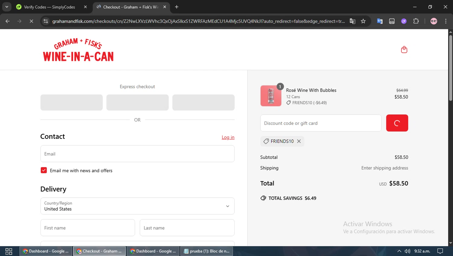 Graham + Fisk's promo code screenshot showing code FRIENDS10 applied at Graham + Fisk's checkout page. Uploaded by SimplyCodes community member TEAMSimplyCodes on Jun 18, 2025